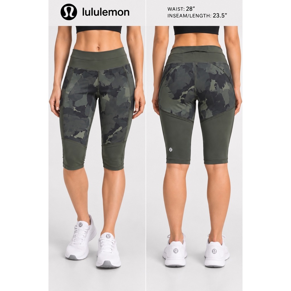 Lululemon Dark Olive Camo Cropped Leggings Neon Yellow Lining Waist 28 inches